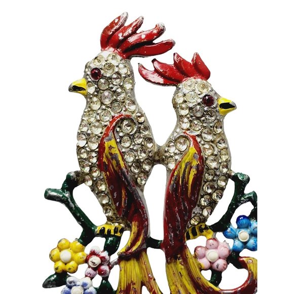 Vintage Huge Enameled Rhinestone Double Parrot Brooch (A1375) - Picture 2 of 5